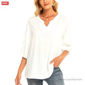 100% Rayon Embroidered Tunic Top, Loose Fit V-Neck Blouse